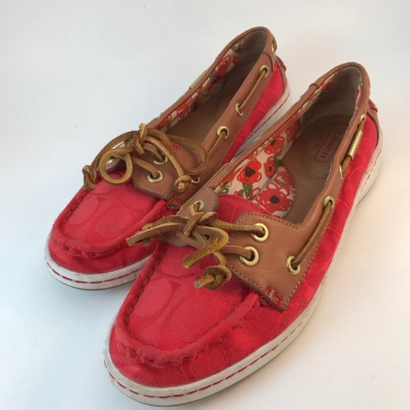 Coach Red Richelle 12cm Sig C/Calf Canvas & Leather Boat Shoes - Picture 1 of 15